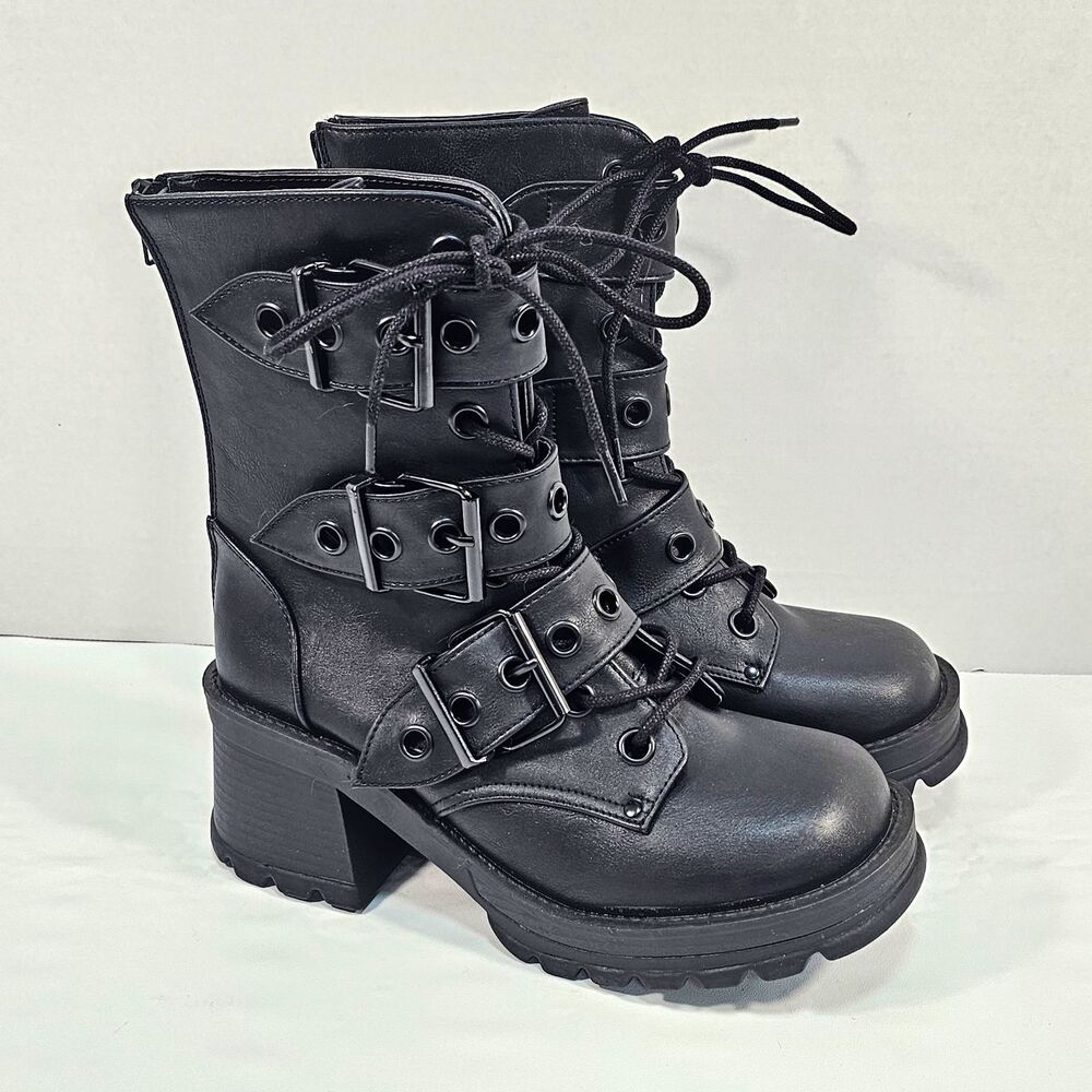 Demonia Bratty-118 Black Combat Mid-Calf Boots Buckle Lace-Up Zip Women 10
